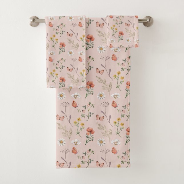Blush Pink Peach Wildflower Bath Towel Set (Insitu)