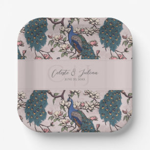 Blush Pink Peacocks & Magnolia Flowers Paper Plate