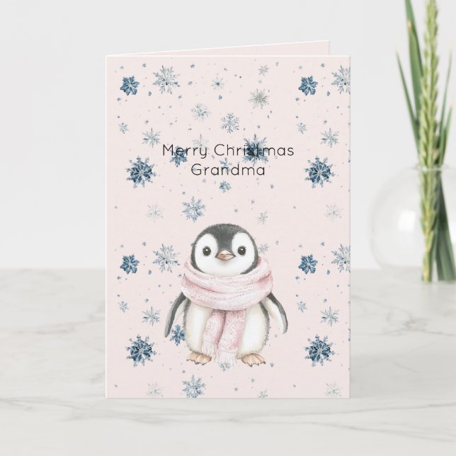 Blush Pink Penguin Snowflakes Christmas Card (Front)