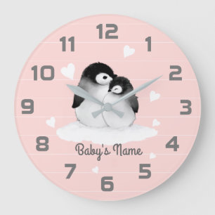 Blush Pink Penguins Heart Nursery Decor Wall Clock