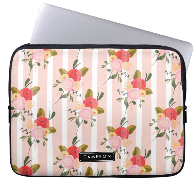 Blush Pink Peonies and Stripes Personalized Laptop Sleeve (Front)