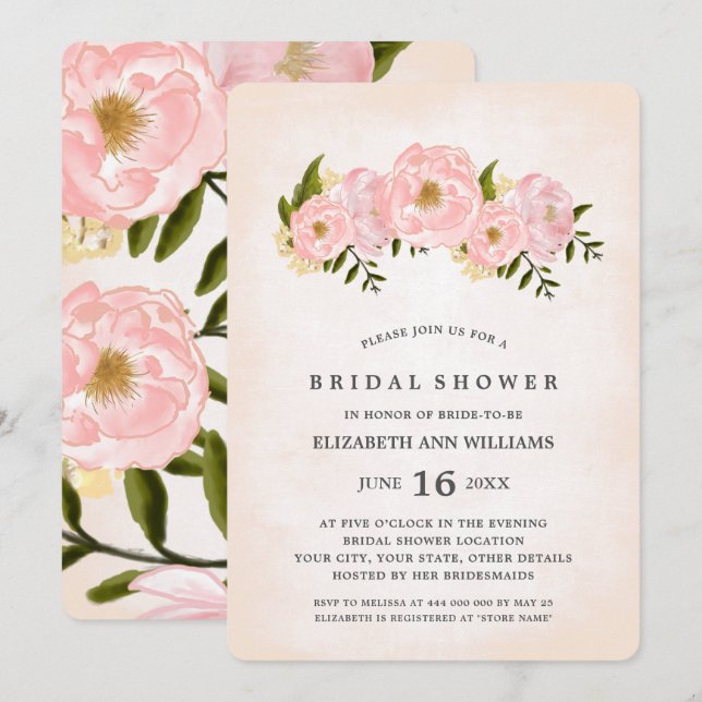 Blush Pink Peonies Bridal Shower Invitation (Front/Back)