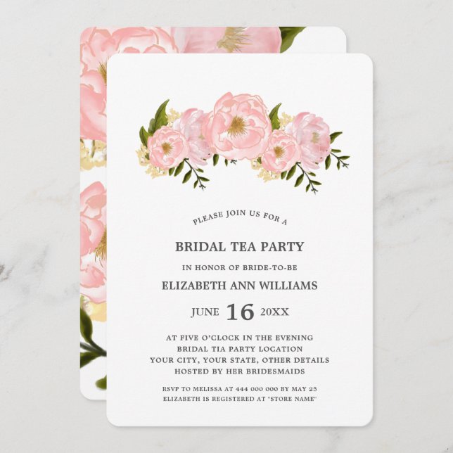 Blush Pink Peonies Bridal Tea Party Invitation (Front/Back)
