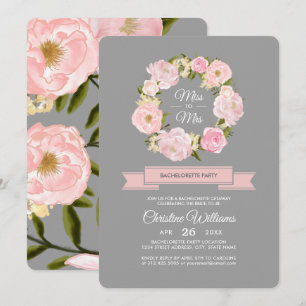 Blush Pink Peonies Grey Bachelorette Party Invitation