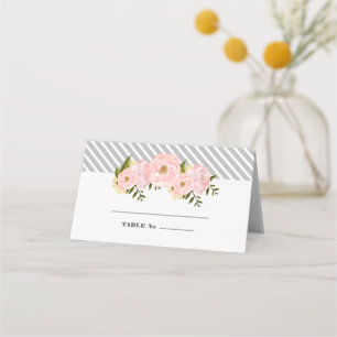 Blush Pink Peonies Grey Stripes Wedding Place Card