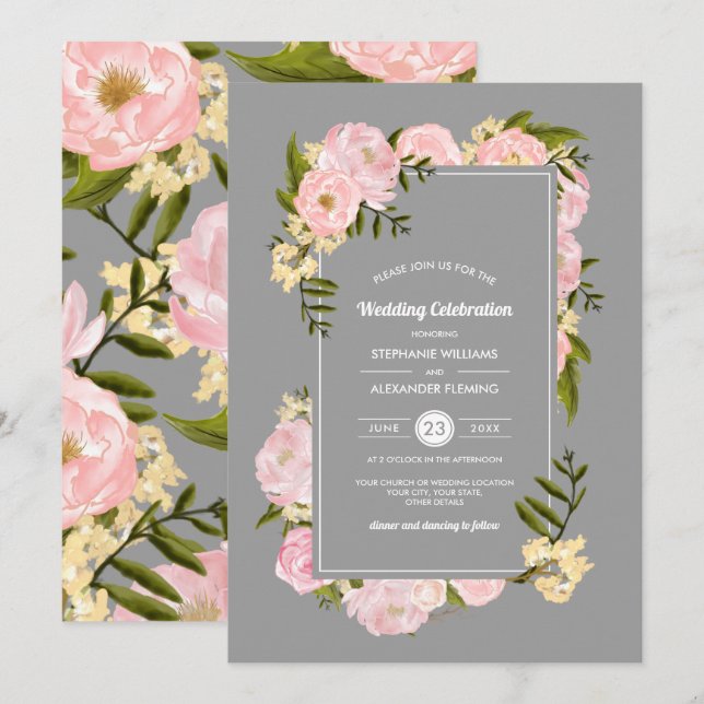 Blush Pink Peonies Grey Watercolor Wedding Invitation (Front/Back)