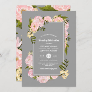 Blush Pink Peonies Grey Watercolor Wedding Invitation
