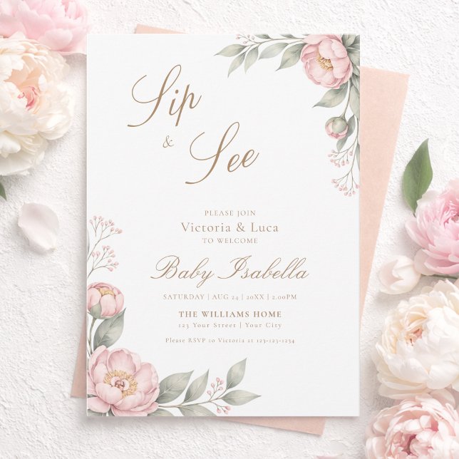 Blush Pink Peonies in Bloom Sip & See Invitation (Creator Uploaded)