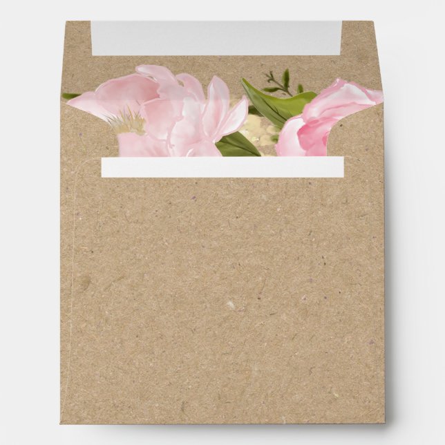 Blush Pink Peonies Kraft Paper Rustic Wedding Envelope (Back (Bottom))