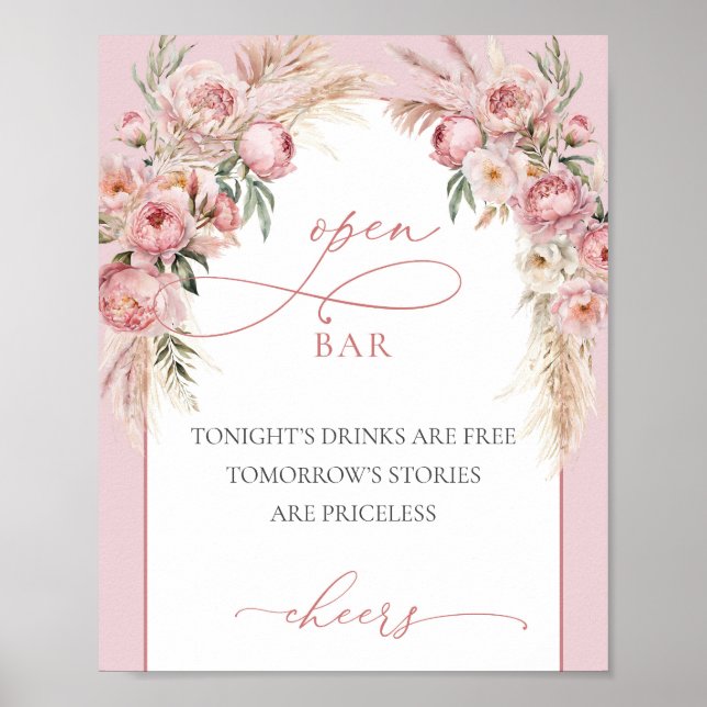 Blush pink peonies pampas boho arch open bar poster (Front)
