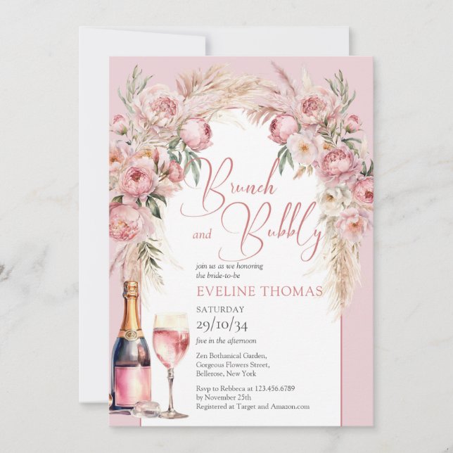 Blush pink peonies pampas boho brunch and bubbly  invitation (Front)
