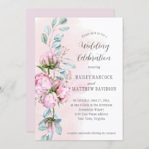 Blush Pink Peonies, Pink Wash, Greenery Wedding Invitation