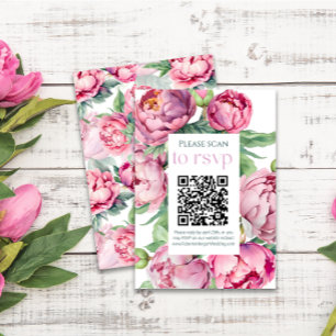 Blush Pink Peonies QR CODE Wedding RSVP Card