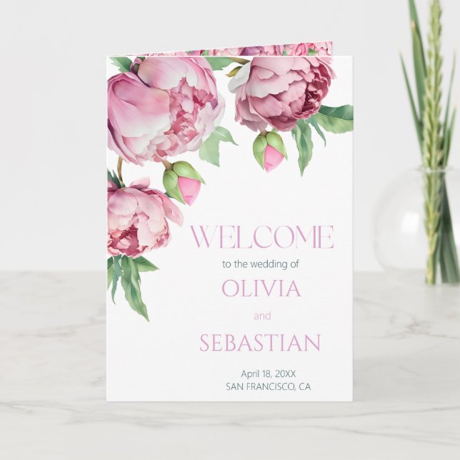 Blush Pink Peonies Watercolor Wedding Program (Front)