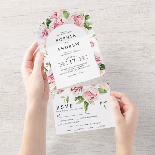 Blush Pink Peonies Wedding All In One All In One Invitation (Tearaway)