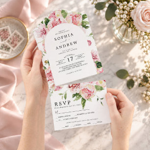 Blush Pink Peonies Wedding All In One Invitation
