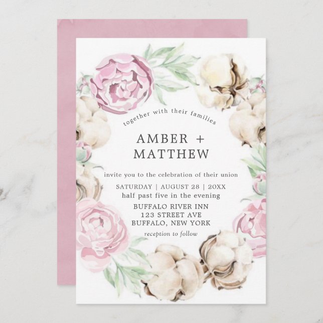 Blush Pink Peony and Cotton Wedding Invitations  (Front/Back)