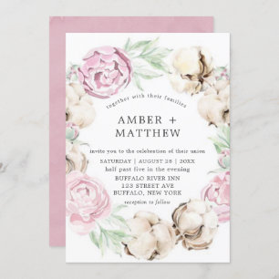 Blush Pink Peony and Cotton Wedding Invitations 