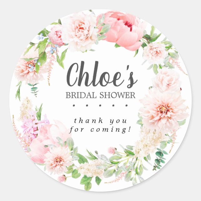Blush Pink Peony Bridal Shower Favour Sticker (Front)