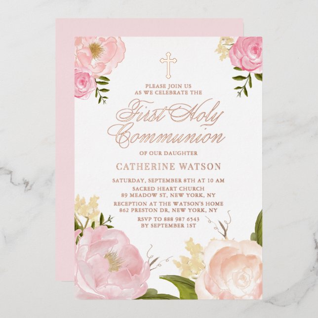 Blush Pink Peony First Holy Communion Rose Gold (Front/Back)