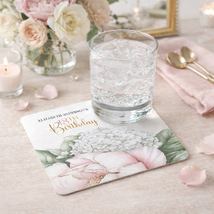 Blush Pink Peony Floral 18th Birthday  Square Paper Coaster