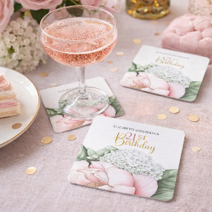 Blush Pink Peony Floral 21st Birthday Square Paper Coaster