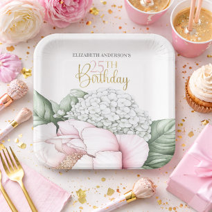 Blush Pink Peony Floral 25th Birthday  Paper Plate