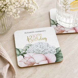 Blush Pink Peony Floral 30th Birthday Square Paper Coaster