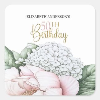 Blush Pink Peony Floral 50th Birthday  Square Sticker