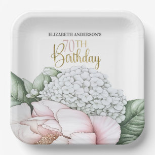 Blush Pink Peony Floral 70th Birthday Paper Plate