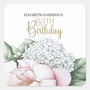 Blush Pink Peony Floral 80th Birthday Square Sticker