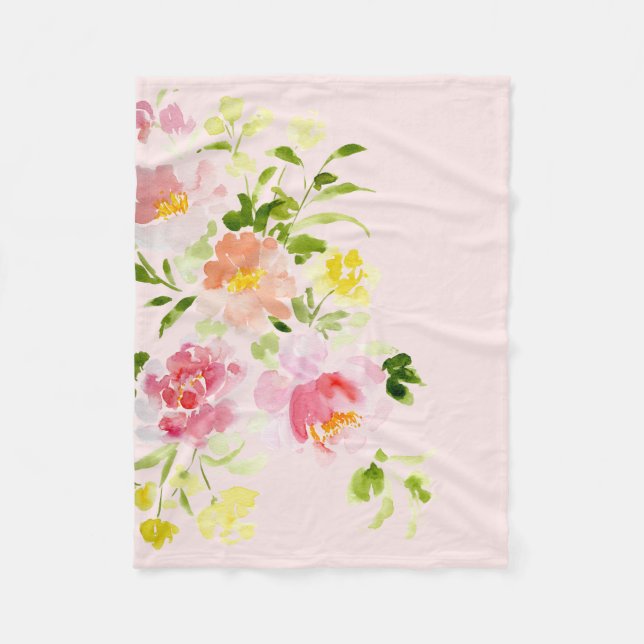 Blush pink peony floral Fleece Blanket (Front)