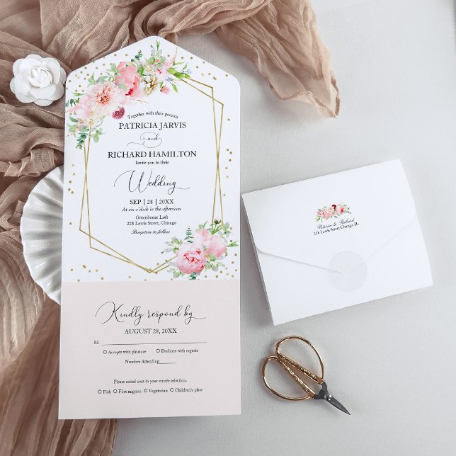 Blush Pink Peony Floral Geometric Wedding All In One Invitation (Creator Uploaded)