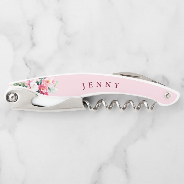 Blush Pink Peony Floral Personalized Bridesmaid Corkscrew (Front)