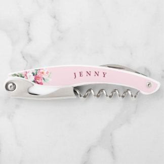 Blush Pink Peony Floral Personalized Bridesmaid Corkscrew
