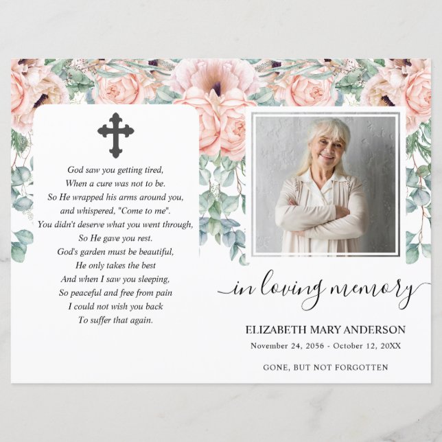 Blush Pink Peony Floral Photo Funeral Program (Front)