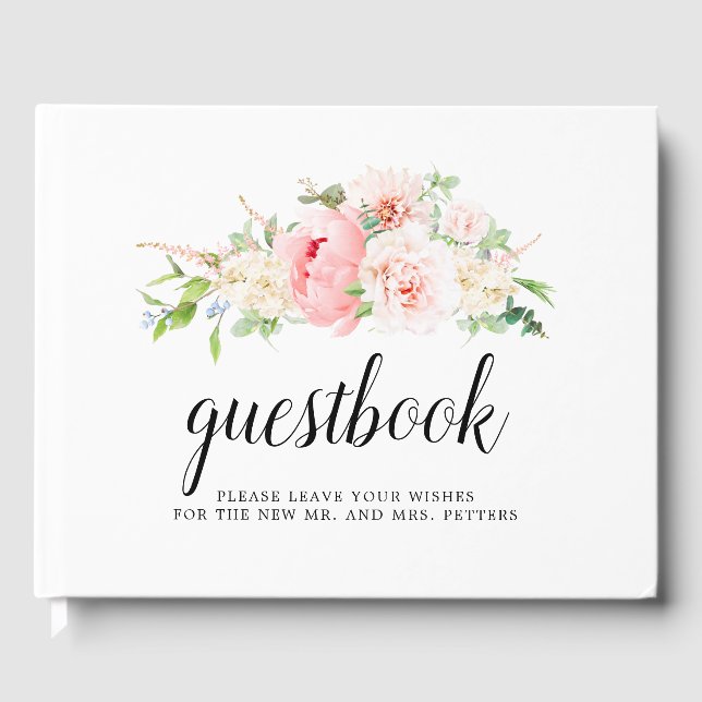 Blush Pink Peony Floral Wedding Guest Book (Front)