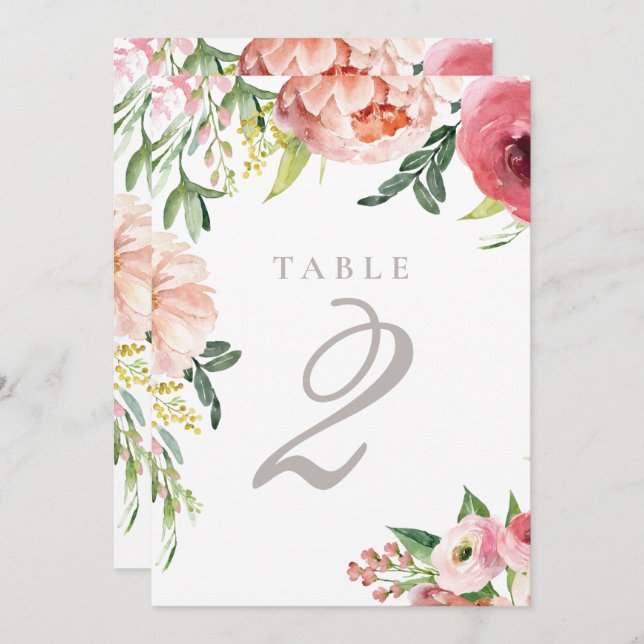 Blush Pink Peony Floral Wedding Table Number (Front/Back)