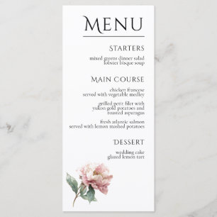 Blush Pink Peony Flower Elegant Dinner Wedding  Menu