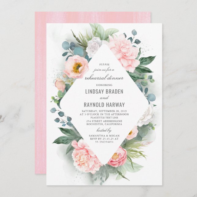 Blush Pink Peony Frame Floral Rehearsal Dinner Invitation (Front/Back)