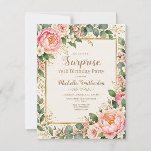 Blush Pink Peony Gold Floral Surprise 75th Invitation