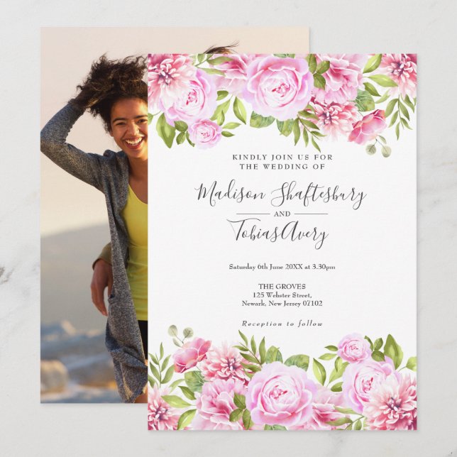Blush Pink Peony Greenery Floral Photo Wedding Invitation (Front/Back)