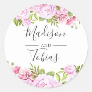 Blush Pink Peony Greenery Floral Wedding Favour Classic Round Sticker