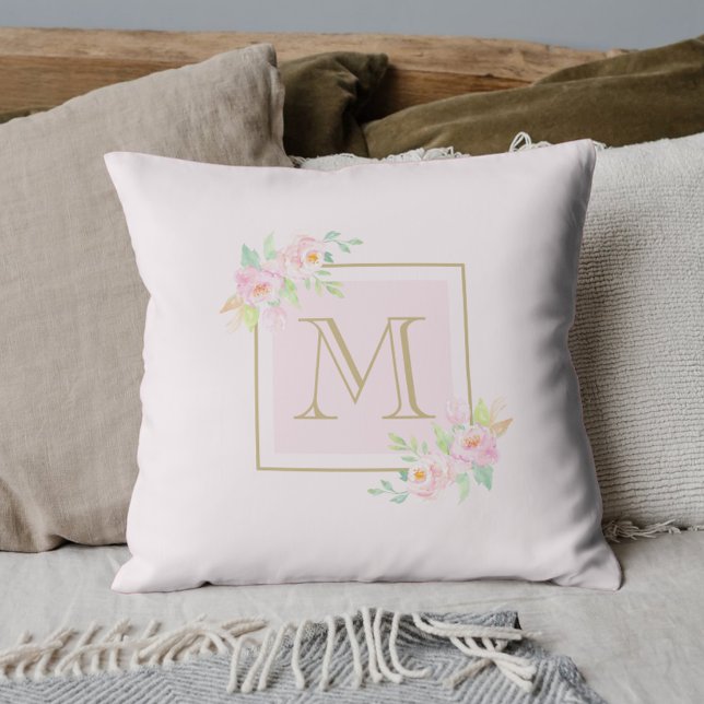 Blush Pink Peony Personalized Initial Throw Pillow (Creator Uploaded)