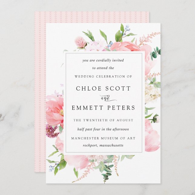 Blush Pink Peony Rustic Floral Wedding Invitation (Front/Back)