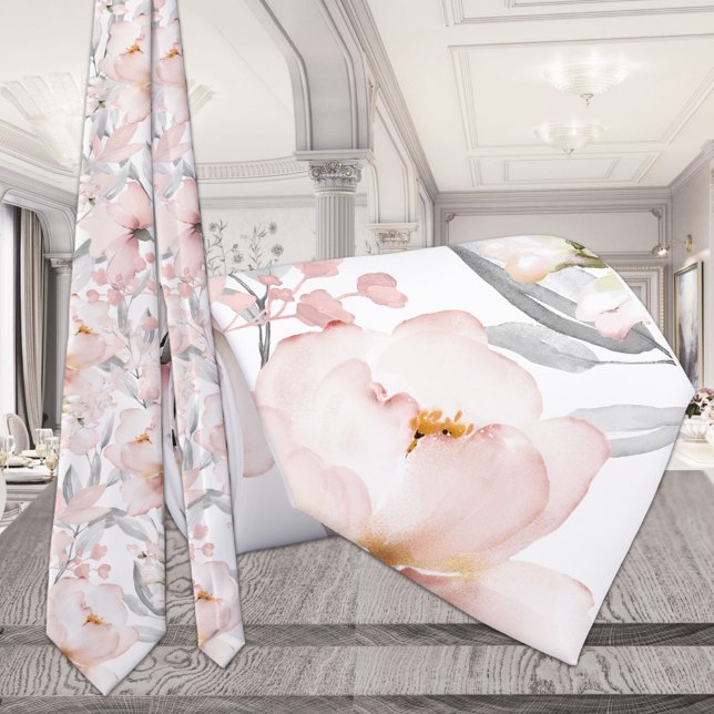 Blush Pink Peony Silver Grey Eucalyptus Wedding Tie (Creator Uploaded)