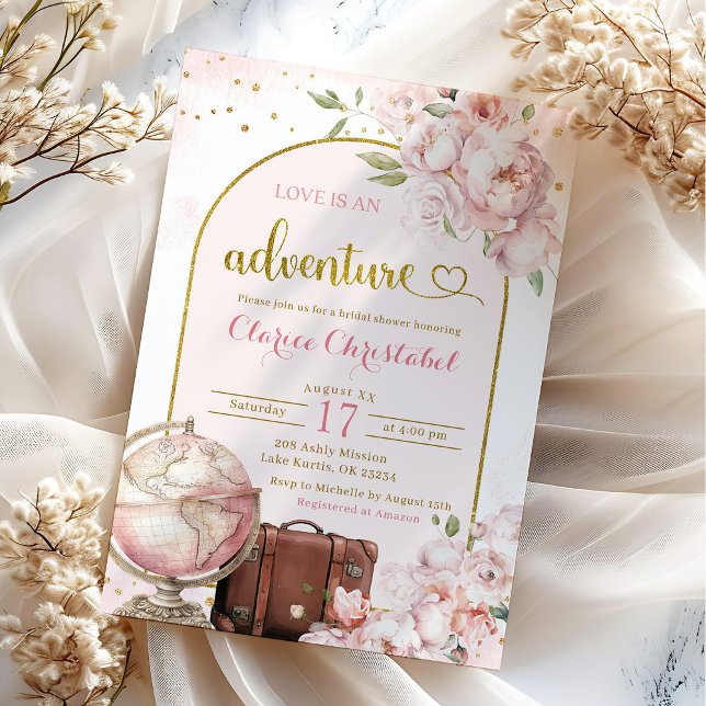 Blush Pink Peony Travel Adventure Bridal Shower Invitation (Creator Uploaded)