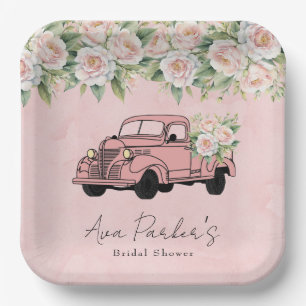 Blush Pink Peony Vintage Truck Bridal Shower Paper Plate