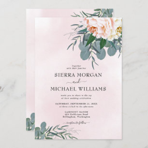 Blush Pink Peony Watercolor Eucalyptus Wedding Invitation
