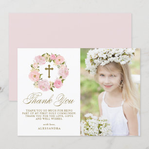 Blush Pink Peony Wreath Gold First Holy Communion Thank You Card